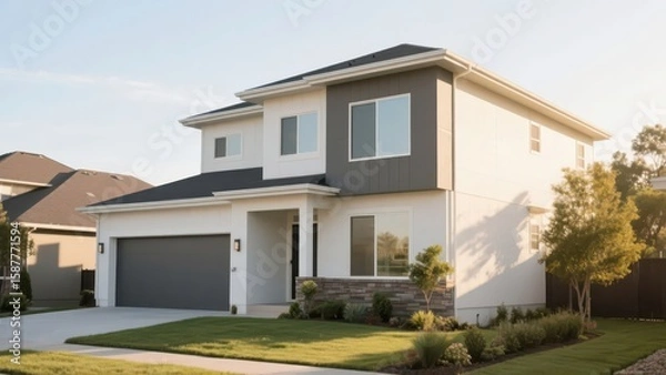 Fototapeta A modern - style single - family house with a simple appearance, soft color matching, and a neat courtyard, conveying a warm, livable, and fashionable residential atmosphere.