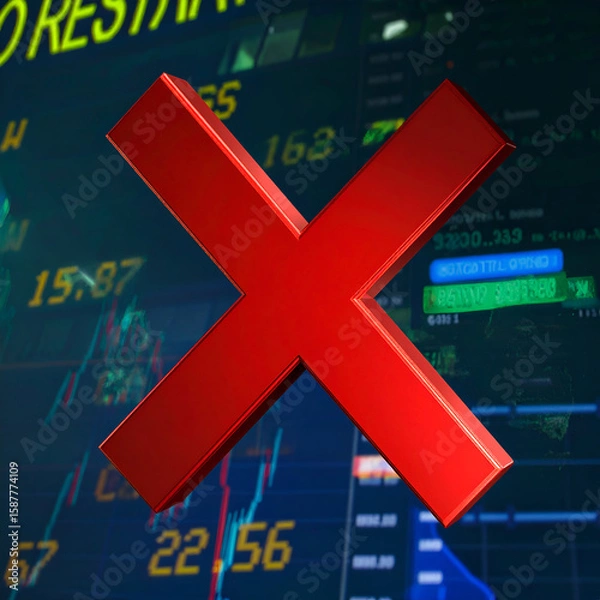 Fototapeta A red cross symbol overlaid on a digital stock market background.