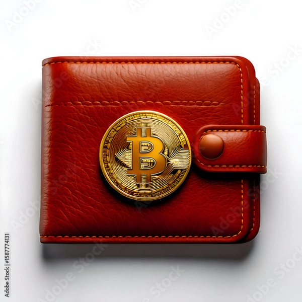 Fototapeta A red leather wallet featuring a prominent Bitcoin symbol for cryptocurrency storage.
