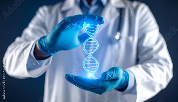Fototapeta A scientist holds a glowing DNA strand, symbolizing genetic research and innovation.