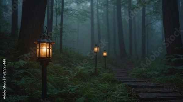 Fototapeta Lighted Lantern on Path Through Foggy Forest