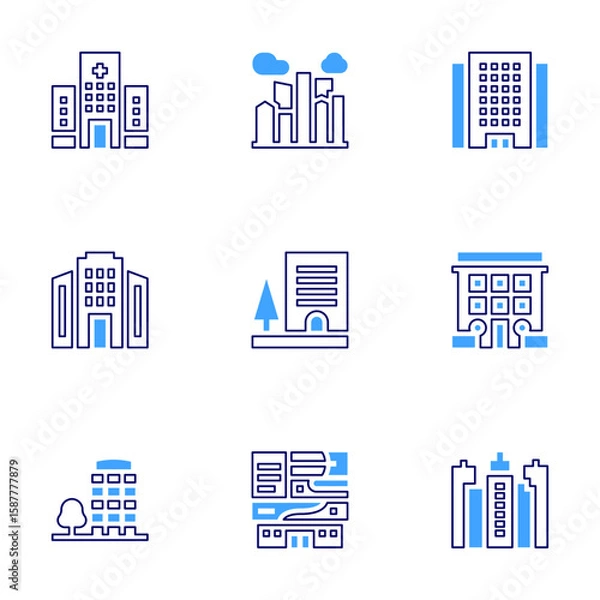 Fototapeta Building icon set. Bold line style. Duotone colors. Editable stroke. office building, city, building, buildings, hospital building