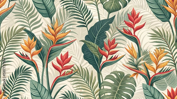 Fototapeta Vector seamless illustration of Heliconia for printing on fabric or wallpaper or curtains.