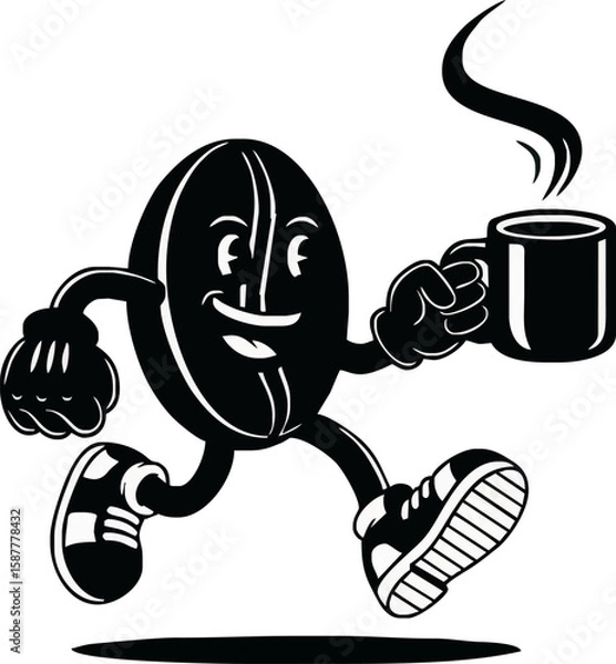 Fototapeta Cartoon coffee bean character running with a steaming mug, depicted in black and white.