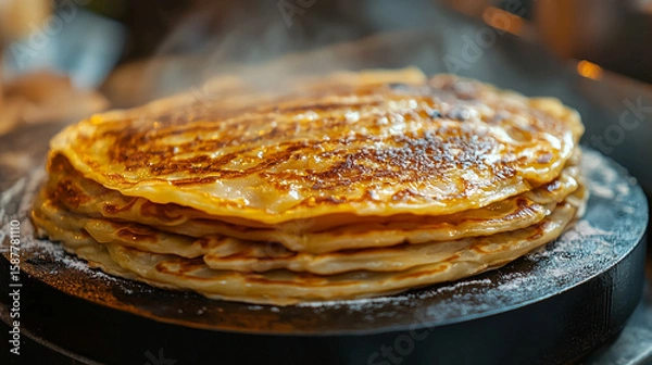 Fototapeta A stack of golden pancakes with steam rising, sitting on a dark surface, suggesting a fresh and warm treat