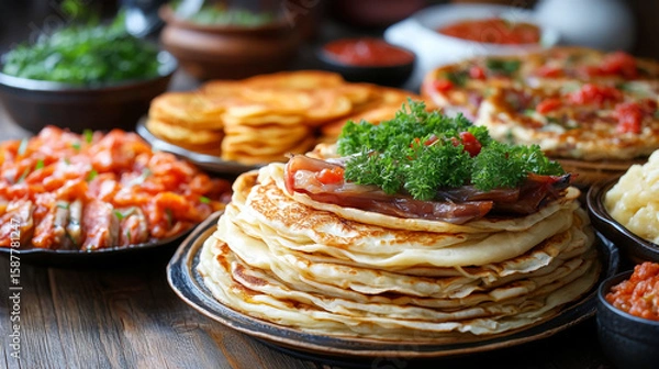 Fototapeta A table filled with various dishes including pancakes and salads for a delicious and varied meal spread
