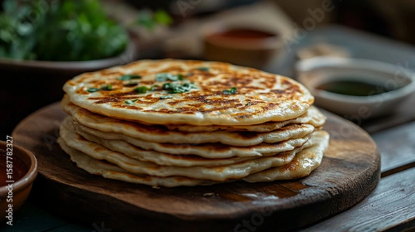 Fototapeta A close up shot of a stack of pancakes on a wooden board with some greens on top and bowls around it