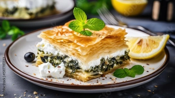 Fototapeta Delicious spanakopita with lemon and mint.