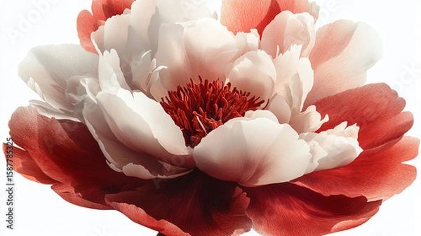 Fototapeta Close up of a peony flower with white and red petals and a red center on a white background