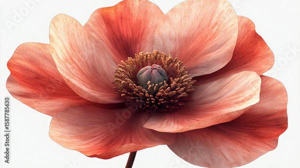 Fototapeta Close up of a light pink flower with a dark center against a white background in soft focus style
