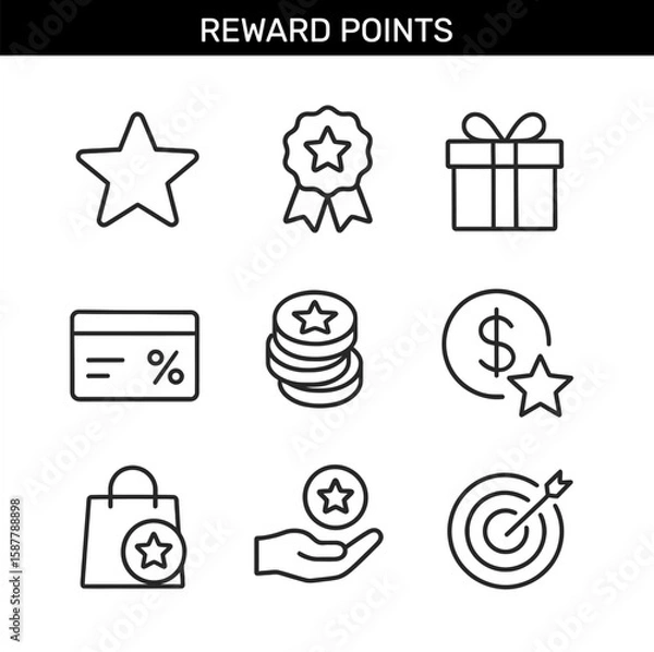Fototapeta Set of reward points outline icons with star, badge, gift, coin, discount card, money, shopping bag, hand, and target