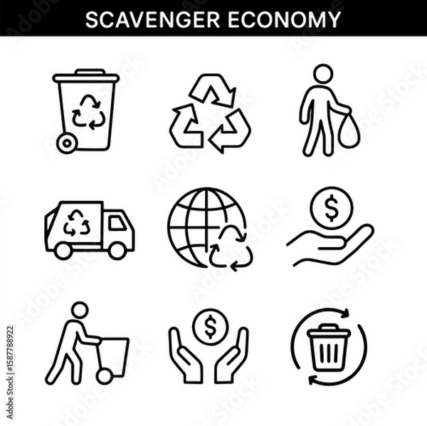 Fototapeta Set of scavenger economy outline icons. Recycling bin, recycling symbol, garbage bag, garbage truck, globe and recycling, hand holding coin, person pushing cart, hands holding coin, circular economy