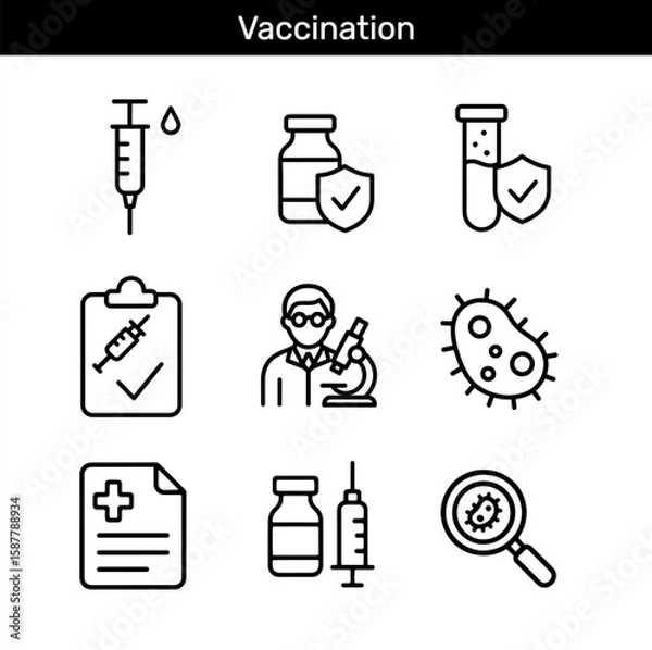 Fototapeta Set of vaccination outline icons with syringe, vaccine vial, test tube, doctor, bacteria, and magnifier