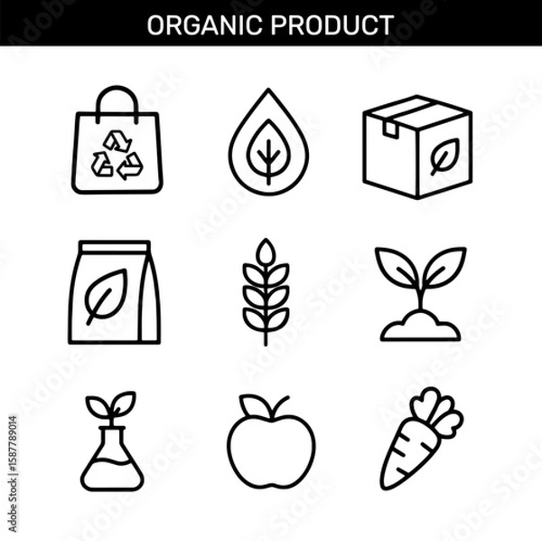 Fototapeta Set of organic product outline icons with shopping bag, leaf drop, eco box, fertilizer bag, wheat, plant sprout, lab flask, apple, and carrot