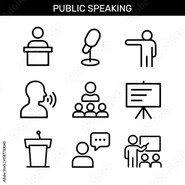 Fototapeta Set of public speaking outline icons with podium, microphone, speaker, audience, presentation board, conversation, lecture, and discussion