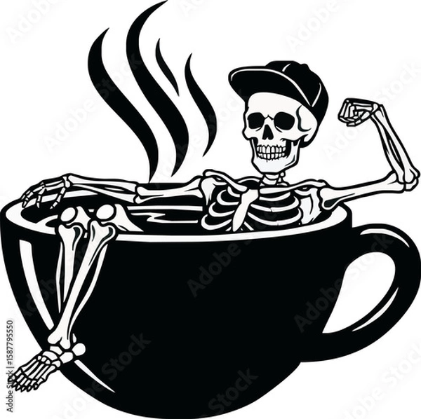 Fototapeta A skeleton wearing a cap relaxes inside a large coffee cup with steam rising.