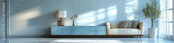 Fototapeta Interior design of a living room with a wooden cabinet and armchair, offering a functional and stylish home design, Generative AI