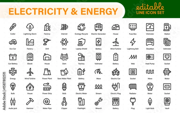 Fototapeta Electricity and energy supply icons. Set of wiring tools, LED lights, socket and switch, extension board, circuit box, and smart electricity meter illustrations.