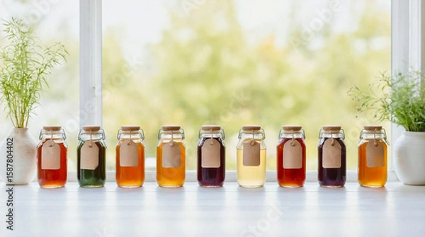 Fototapeta Homemade Kombucha in Small Glass Bottles with Blank Labels on a Windowsill
