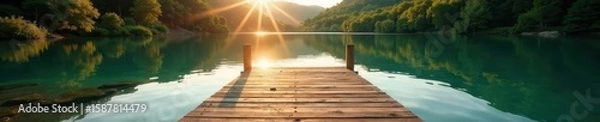Fototapeta Rustic wooden dock extends over calm lake, sunlit forest backdrop, day, wildlife