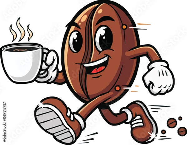 Fototapeta A cheerful coffee bean character, anthropomorphized, runs while holding a steaming cup of coffee.