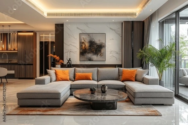 Fototapeta Modern interior design of an apartment, featuring a living room with a sofa and dining room, creating a contemporary and functional space, Generative AI