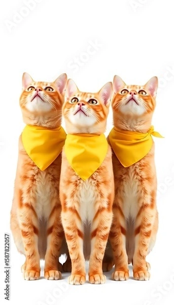 Fototapeta Three Orange Tabby Cats Yellow Bandanas A Row Isolate