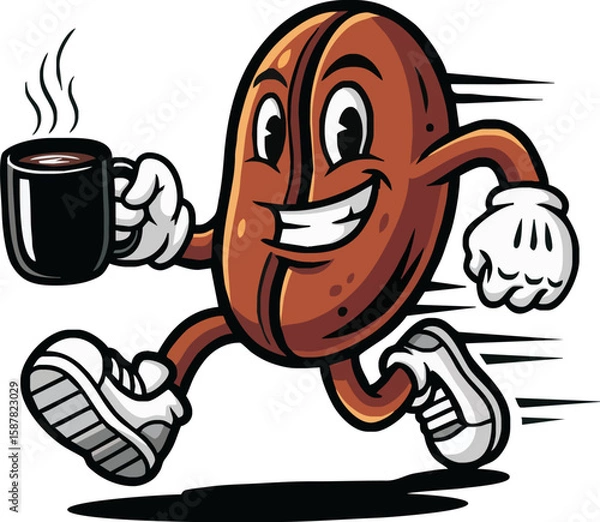 Fototapeta A cheerful coffee bean character sprints, carrying a steaming mug of coffee.