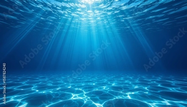 Fototapeta Sunlight Penetrating Ocean Surface Creating Underwater Rays, Underwater light rays in ocean