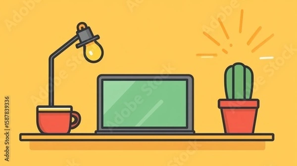 Fototapeta Flat design of a workspace with laptop, lamp, coffee cup, and cactus