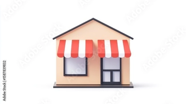 Fototapeta A simple 3D rendering of a small, light beige shop with red and white striped awning