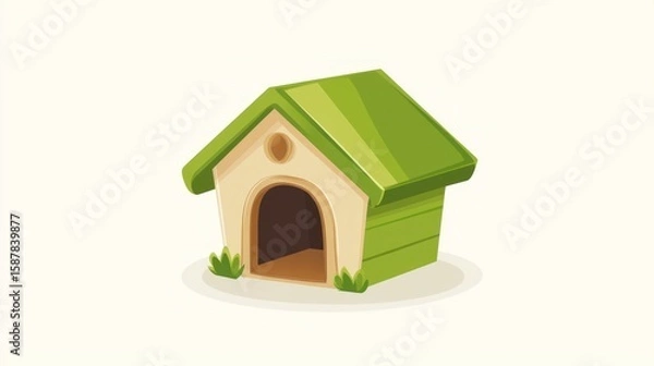 Fototapeta A charming green dog house with a peaked roof, nestled on a small patch of grass