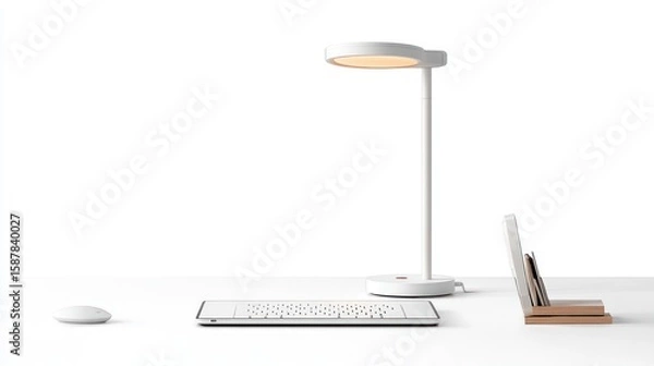 Fototapeta White desk lamp, keyboard, and laptop on a white surface