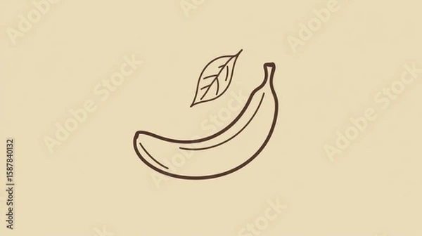 Fototapeta Simple line drawing of a banana and leaf on beige background