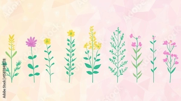 Fototapeta Colorful stylized wildflowers arranged in a horizontal row against a soft, polygonal background