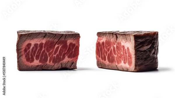 Fototapeta Two rectangular cuts of seared beef, showcasing marbling and texture, are presented against a clean white background