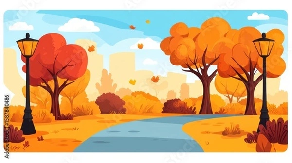 Fototapeta Autumn park scene with pathway, trees, and city in the background