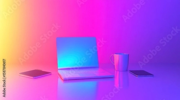 Fototapeta Laptop, phone, and mug on a vibrant gradient surface