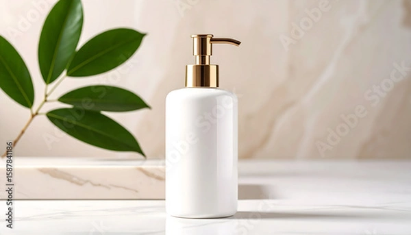 Fototapeta A sleek, white pump bottle with a gold top, placed on a marble surface with greenery.