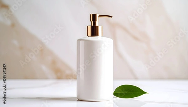 Fototapeta A sleek white pump bottle with a gold top, accompanied by a green leaf on a marble surface.