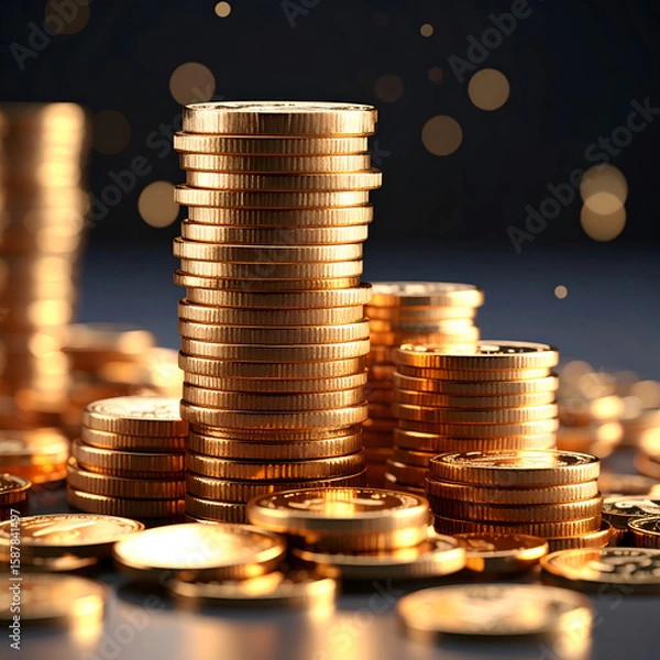 Fototapeta A stack of shiny gold coins with scattered coins in a blurred background.