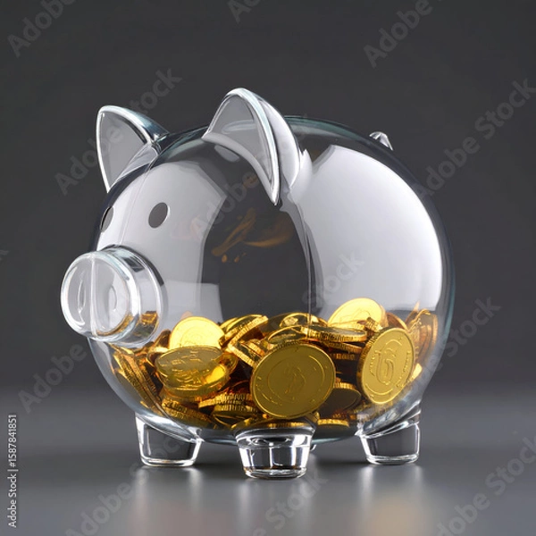 Fototapeta A transparent piggy bank filled with golden coins, symbolizing saving and finance.