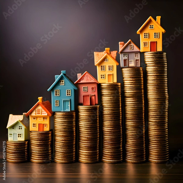 Fototapeta A visual representation of real estate growth with houses and stacked coins.
