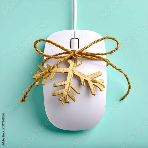 Fototapeta A white computer mouse adorned with a snowflake ornament and twine on a teal background.