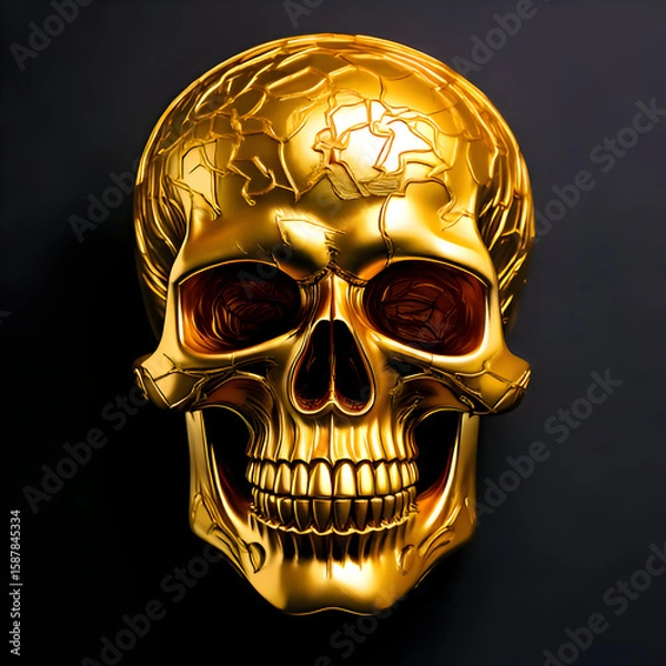 Fototapeta A shiny golden skull with a textured surface against a dark background.