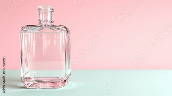Fototapeta Clear glass bottle on a pastel pink and mint background, showcasing minimalist design and elegance.