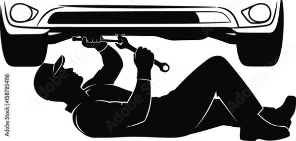 Fototapeta Vector art of a mechanic in silhouette is lying on his back under a car, using a wrench to perform repairs.