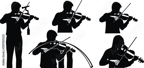 Fototapeta Vector art of a series of violinists in silhouette demonstrate various playing positions, showcasing the art of music.