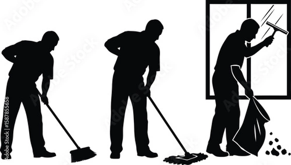 Fototapeta Vector art of a cleaning crew in silhouette performs various tasks, including sweeping, mopping, and window cleaning.