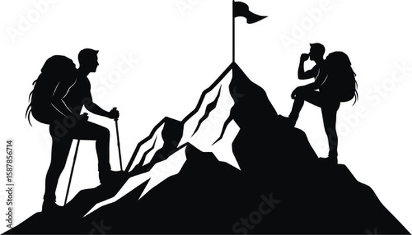 Fototapeta Vector art of two hikers in silhouette reach the mountain peak with a flag.